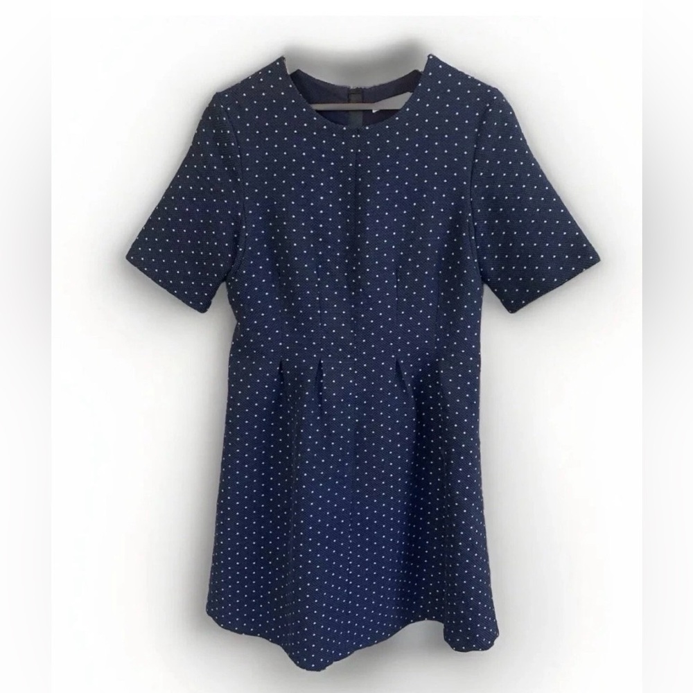 FRNCH Dress Women’s Small Navy Blue Pleated Vintage Style Polka Dot